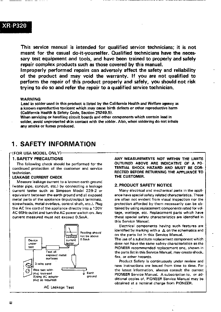 PIONEER XR-P320 SM service manual (2nd page)