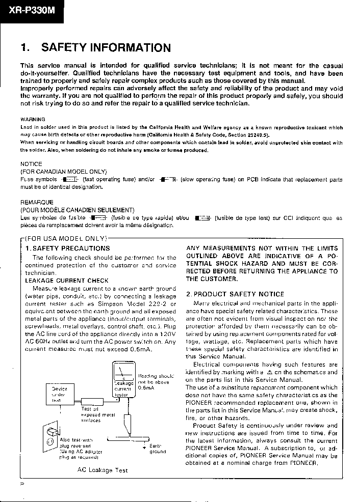 PIONEER XR-P330M service manual (2nd page)