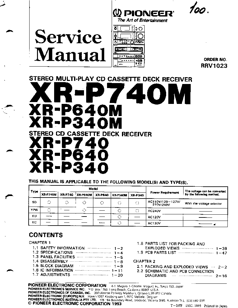 PIONEER XR-P340 P640 P740 M RRV1023 SM NO-SCH service manual (1st page)