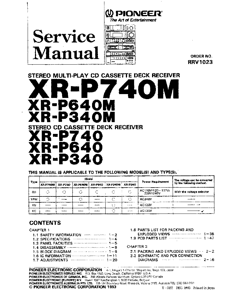 PIONEER XR-P340 XR-P640 XR-P740 service manual (1st page)