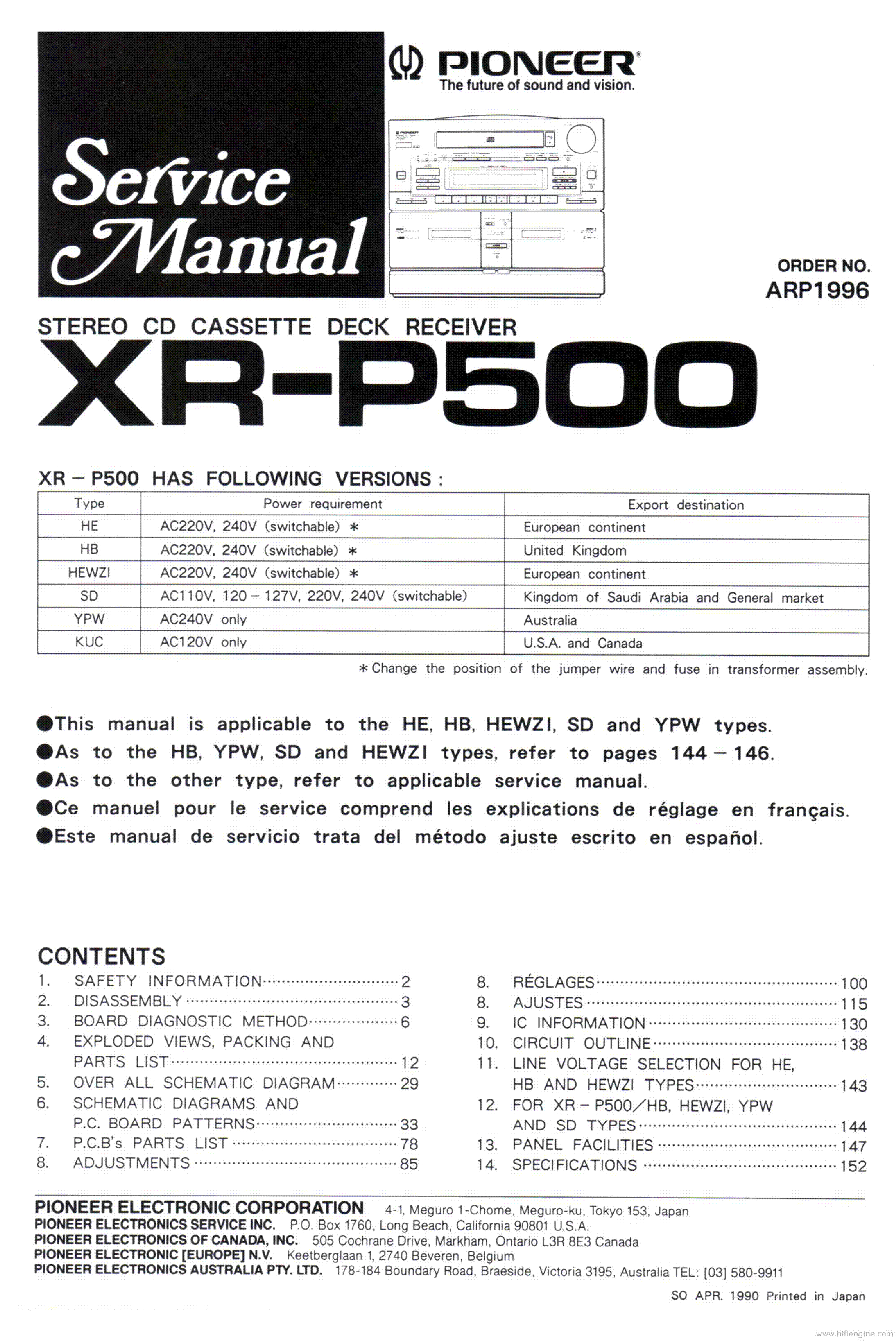 PIONEER XR-P500 CD CASSETTE RECEIVER ARP1996 NO-SCH-ADJUSTMENTS 1990 SM service manual (1st page)