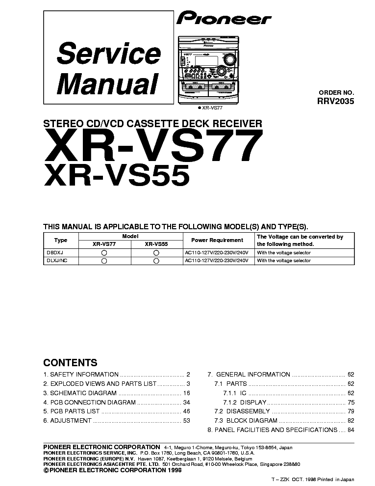 PIONEER XR-VS55 XR-VS77 service manual (1st page)