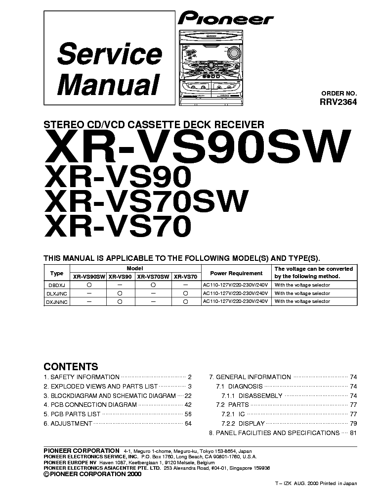 PIONEER XR-VS70 VS70SW VS90SW RRV2364 SM service manual (1st page)