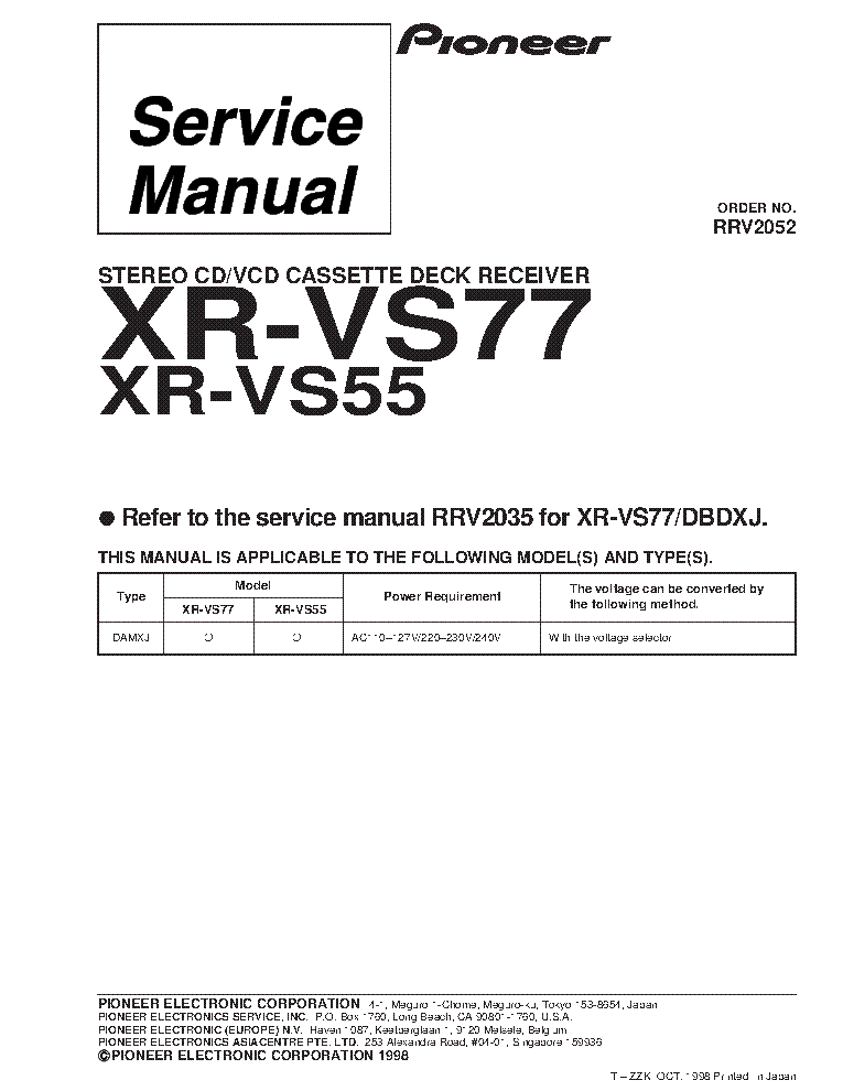 PIONEER XR-VS77 XR-VS55 RRV2052 SUPPLEMENT service manual (1st page)