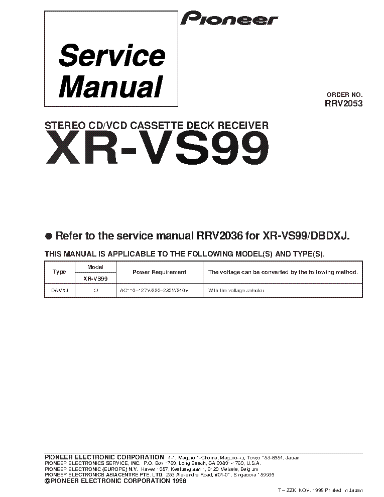 PIONEER XR-VS99 RRV2053 SUPPLEMENT service manual (1st page)