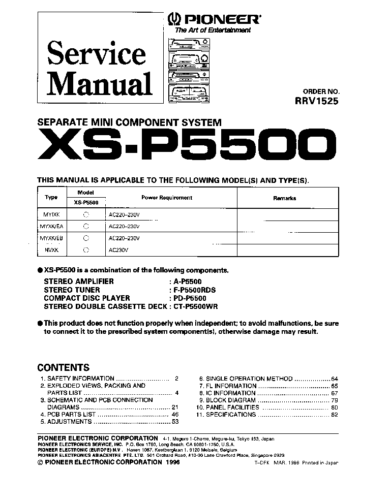 PIONEER XS-P5500 A-PD-P5500,F-P5500RDS,CT-P5500WR RRV1525 SEPARATE MINI COMPONENT SYSTEM 1996 SM service manual (1st page)