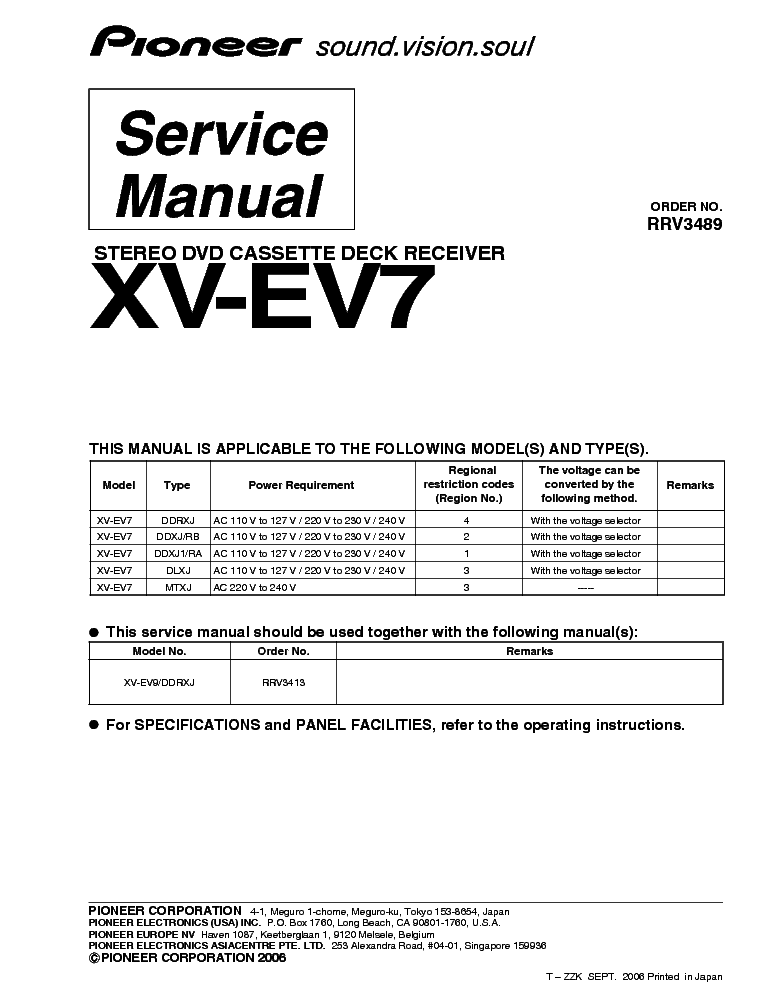 PIONEER XV-EV7 RRV3489 SUPPLEMENT service manual (1st page)