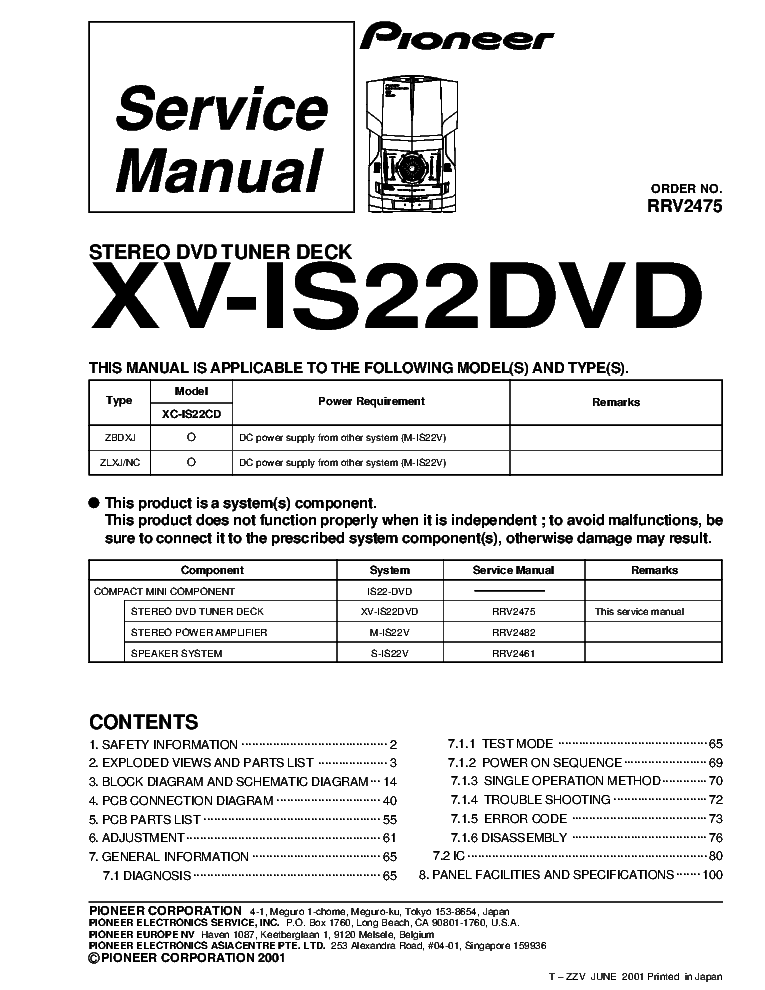 PIONEER XV-IS22DVD RRV2475 SM service manual (1st page)