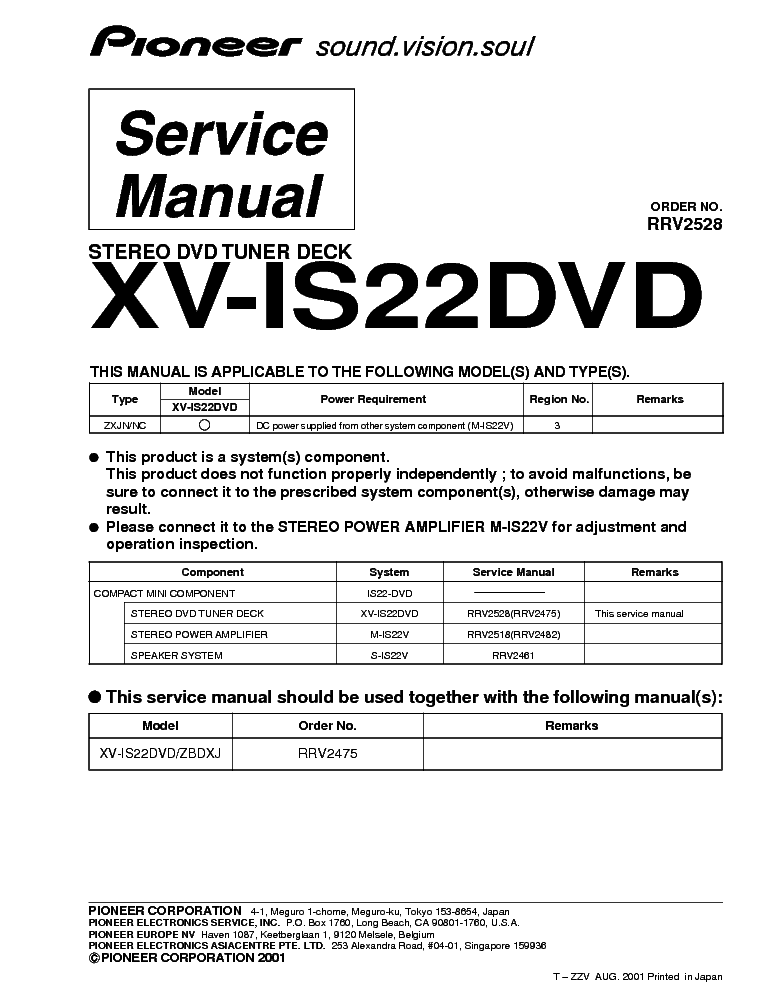 PIONEER XV-IS22DVD SUPPLEMENT service manual (1st page)