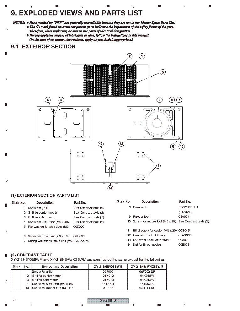 PIONEER XY-218HS SUBWOOFER EXPLODED VIEW AND PARTS LIST service manual (1st page)
