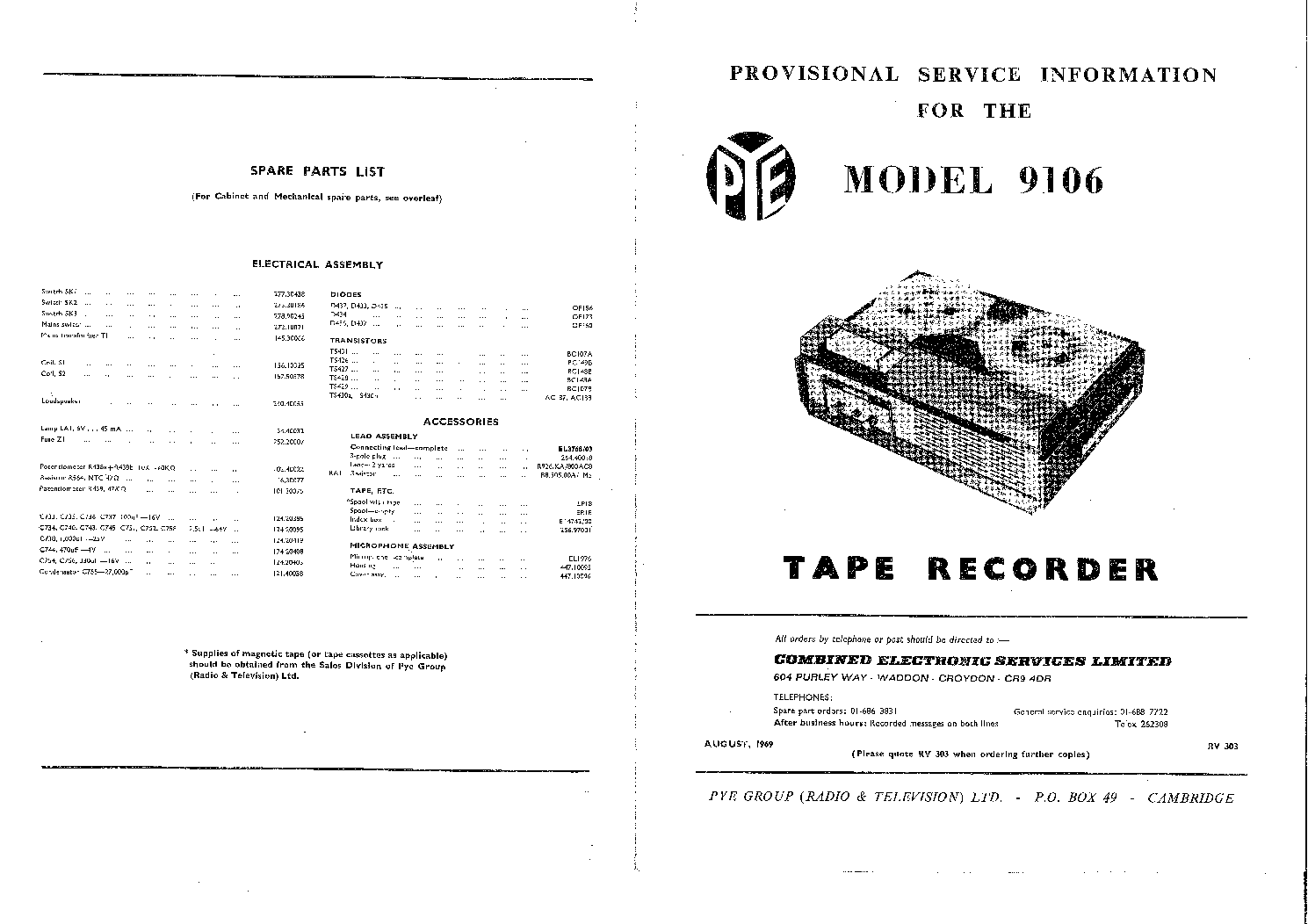 PYE 9106 TAPE RECORDER Service Manual download, schematics, eeprom