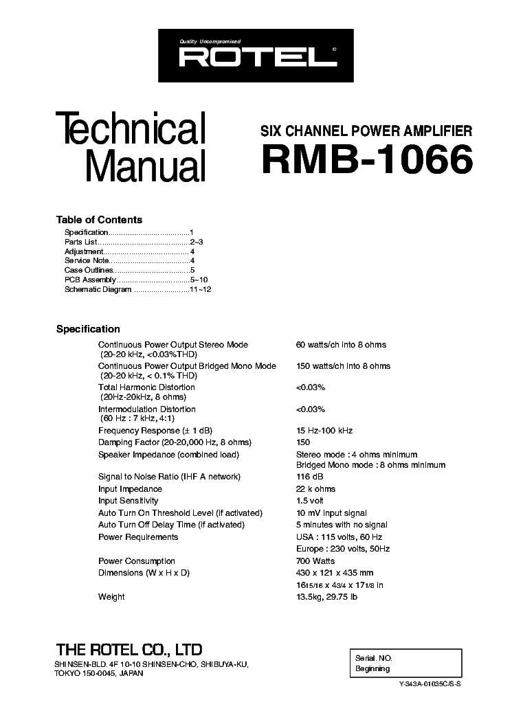 ROTEL RMB-1066 TECHNICAL MANUAL Service Manual download, schematics