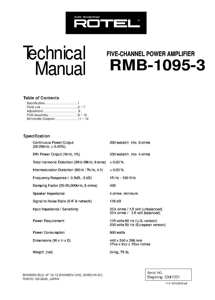 ROTEL RMB-1095-3 TECHNICAL MANUAL service manual