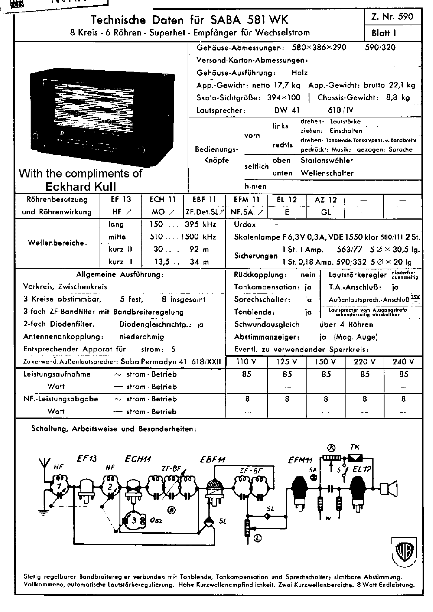 SABA 581WK AC RECEIVER 1939 SCH service manual