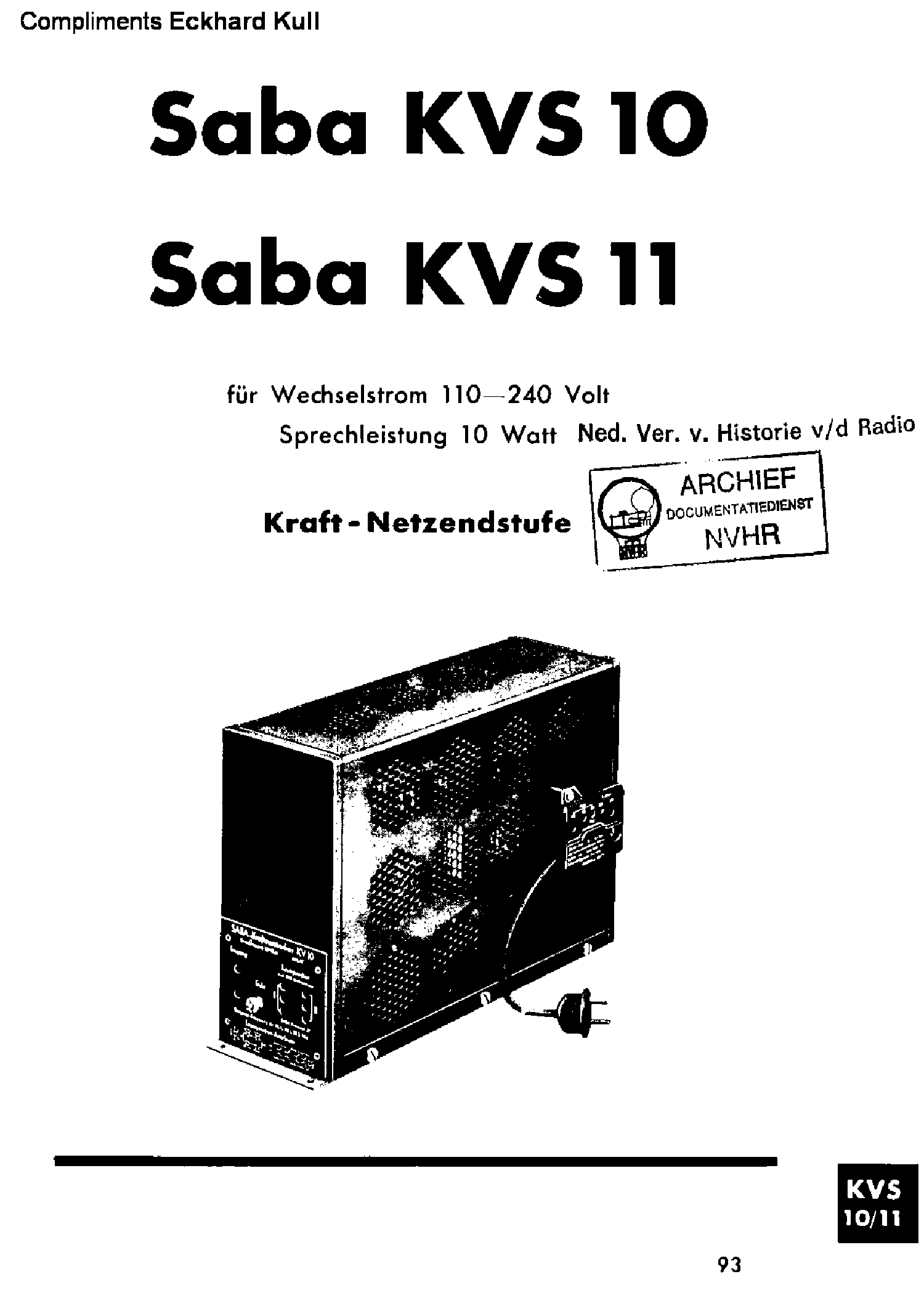 SABA KVS10 2XAD01 10W MAINS AUDIO PA SCH service manual (1st page)