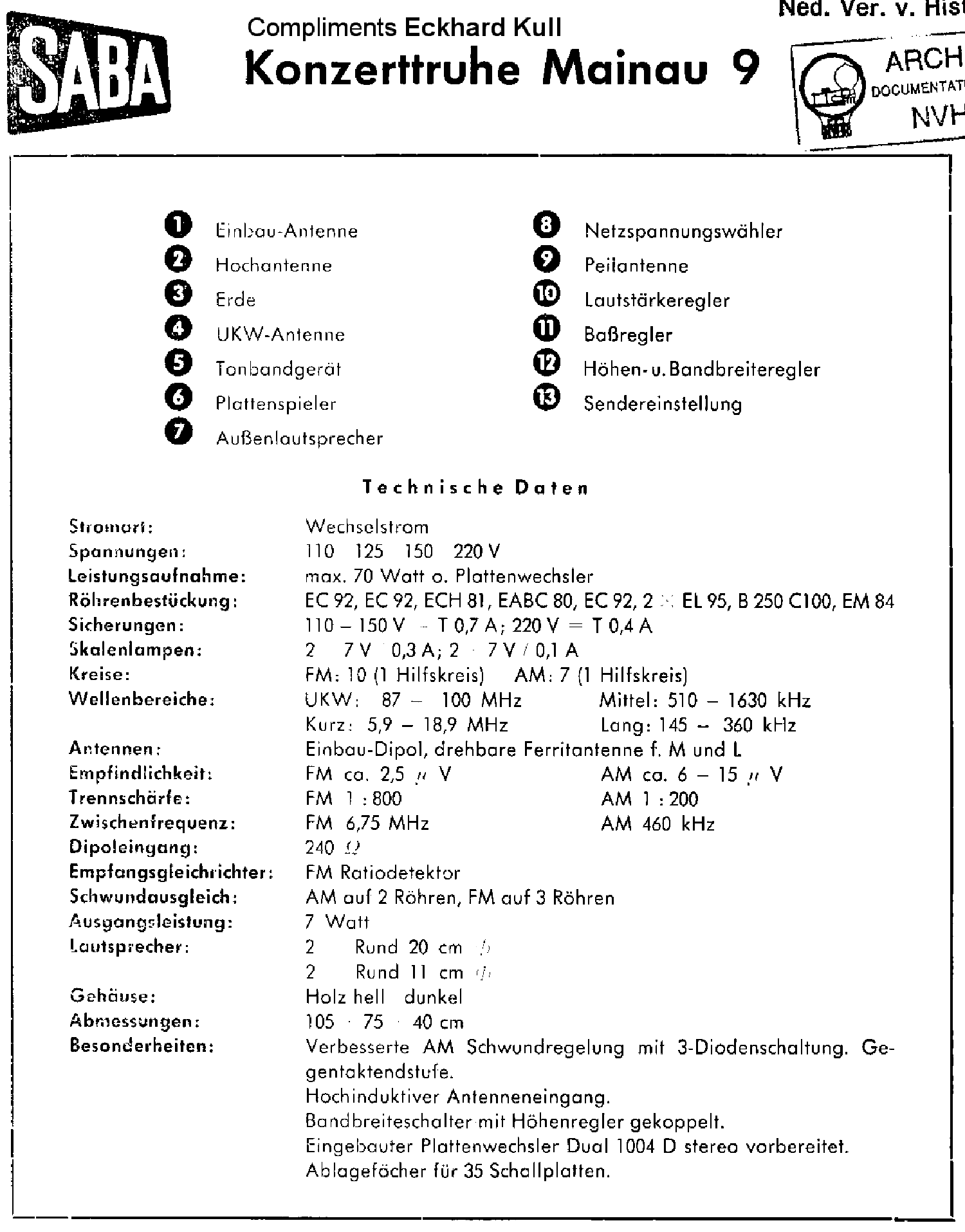 Service Manual-Anleitung Saba Konzerttruhe Mainau 9,Mainau 90 Baujahr 1958/59 