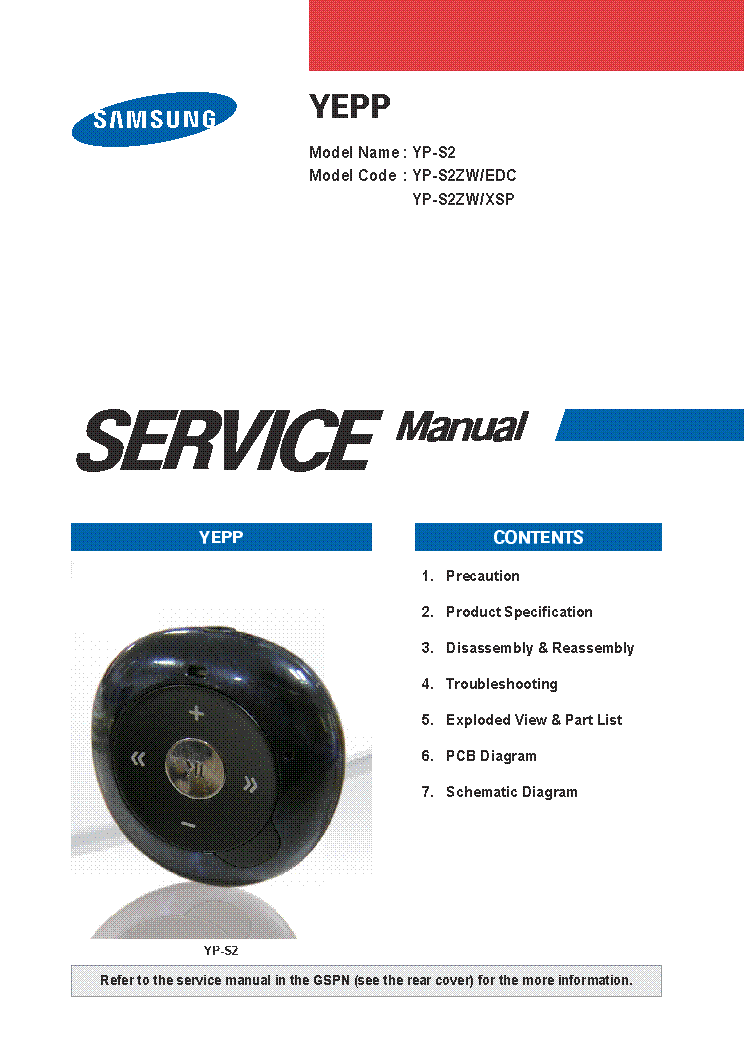 SAMSUNG YP-S2 YP-S2ZW-EDC YP-S2ZW-XSP service manual (1st page)