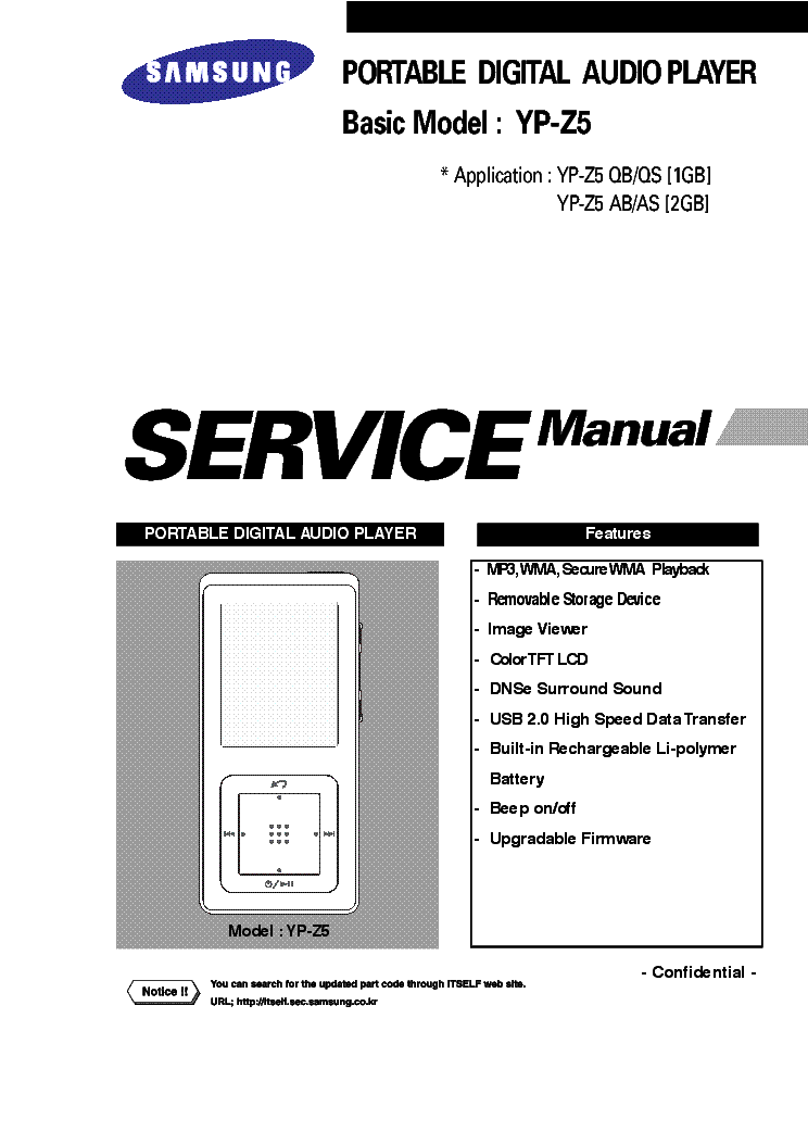 SAMSUNG YP-Z5QB YP-Z5QS YP-Z5AB YP-Z5AS DIGITAL AUDIO PLAYER SM service manual (1st page)