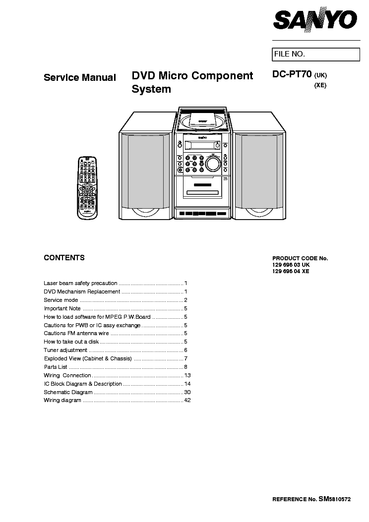 SANYO DC-PT70 DVD MICRO COMPONENT SYSTEM Service Manual download