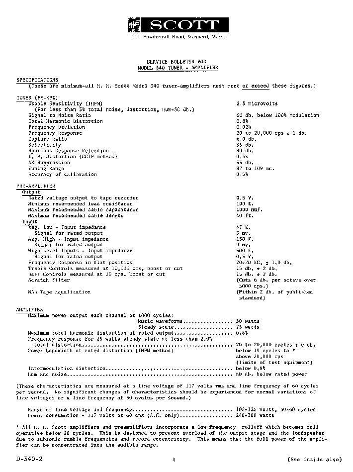SCOTT 340 TUNER AMPLIFIER 1962 SM service manual