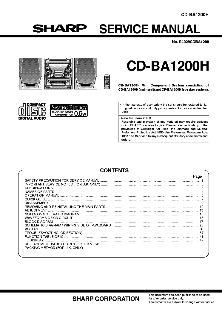 SHARP CD-BA1200H service manual (1st page)