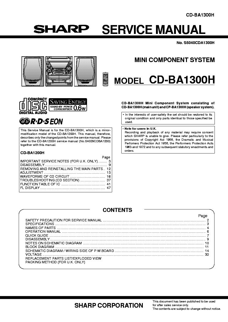 SHARP CD-BA1300H service manual (1st page)