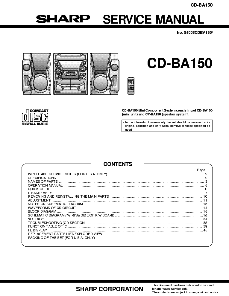 SHARP CD-BA150 service manual (1st page)