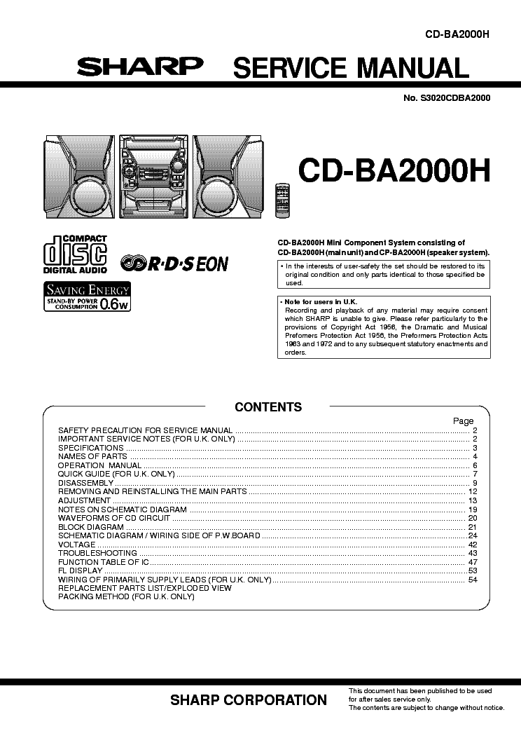 SHARP CD-BA2000H service manual (1st page)