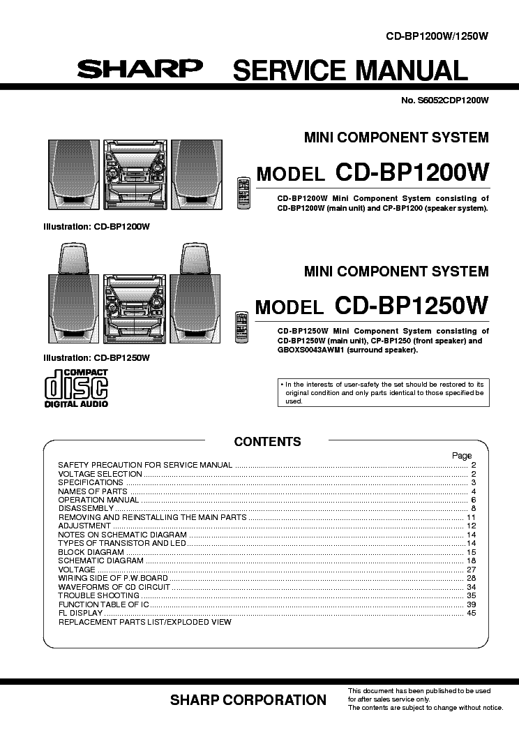 SHARP CD-BP1200W CD-BP1250W MINI COMPONENT SYSTEM service manual (1st page)