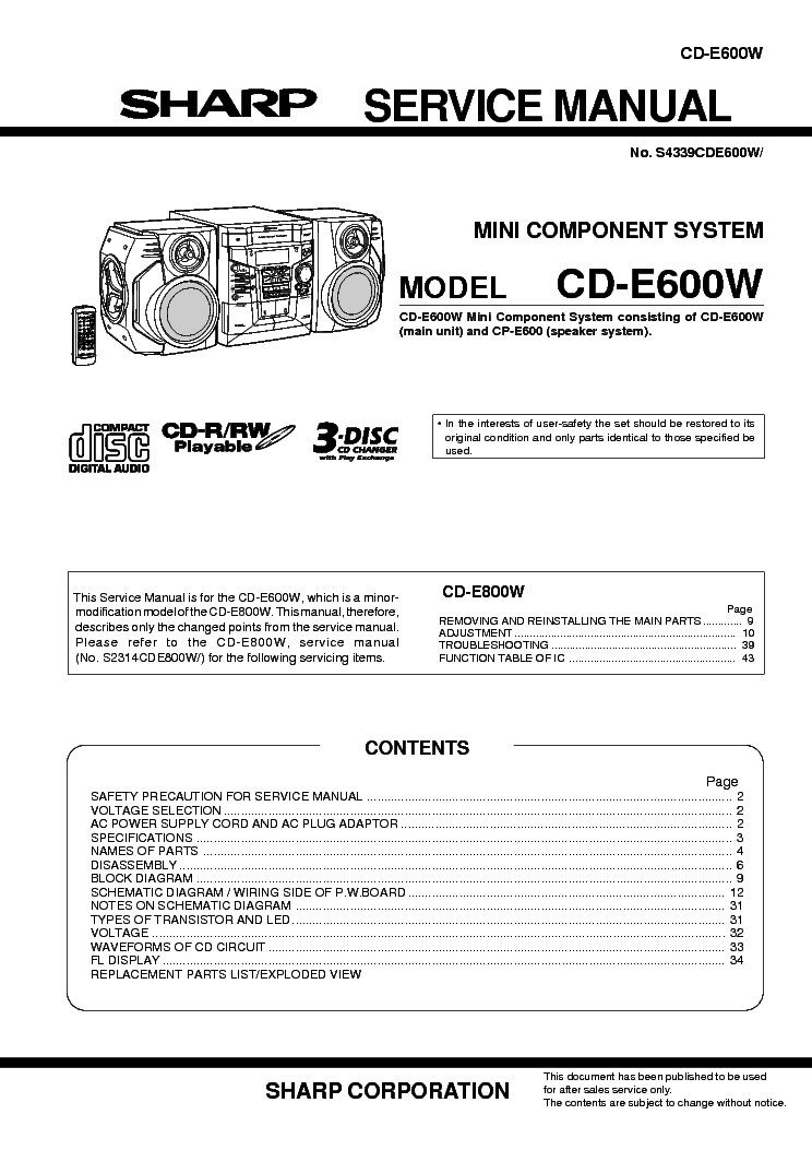 SHARP CD-E600W MINI COMPONENT SYSTEM service manual