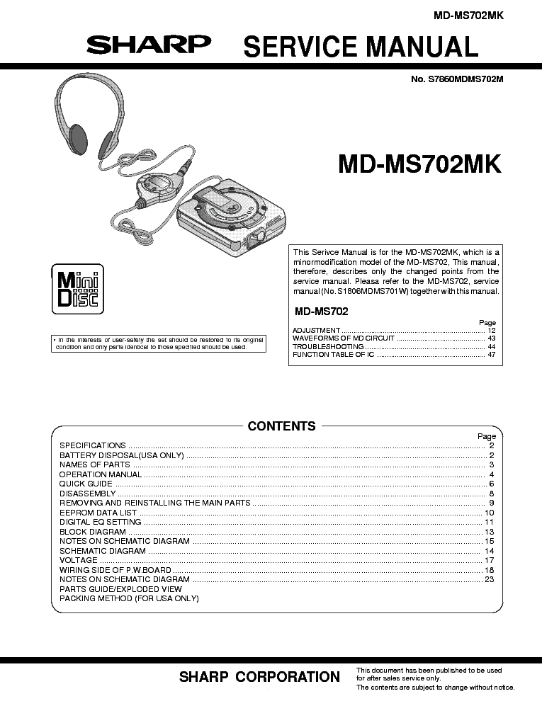 SHARP MD-MS702MK service manual (1st page)