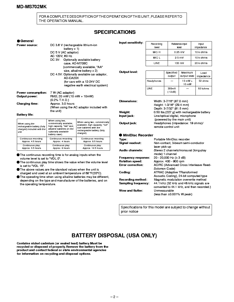 SHARP MD-MS702MK service manual (2nd page)