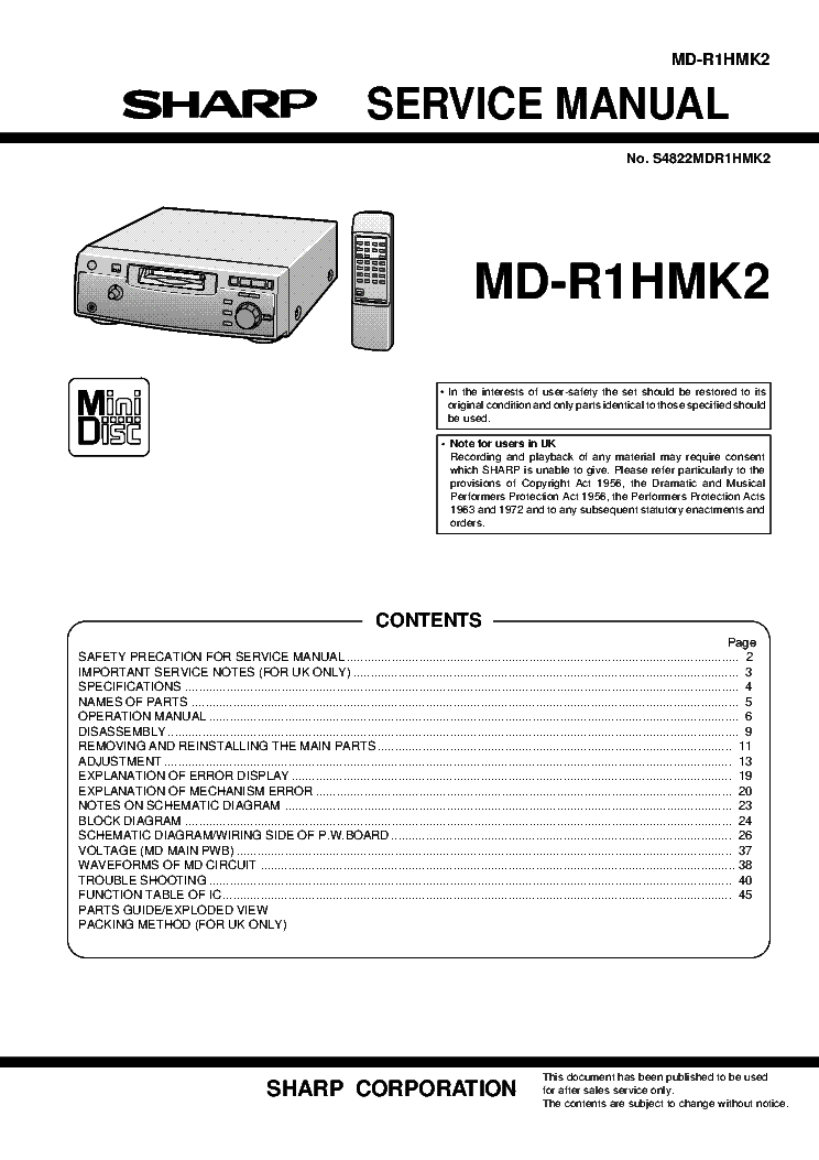 SHARP MD-R1HMK2 SM service manual