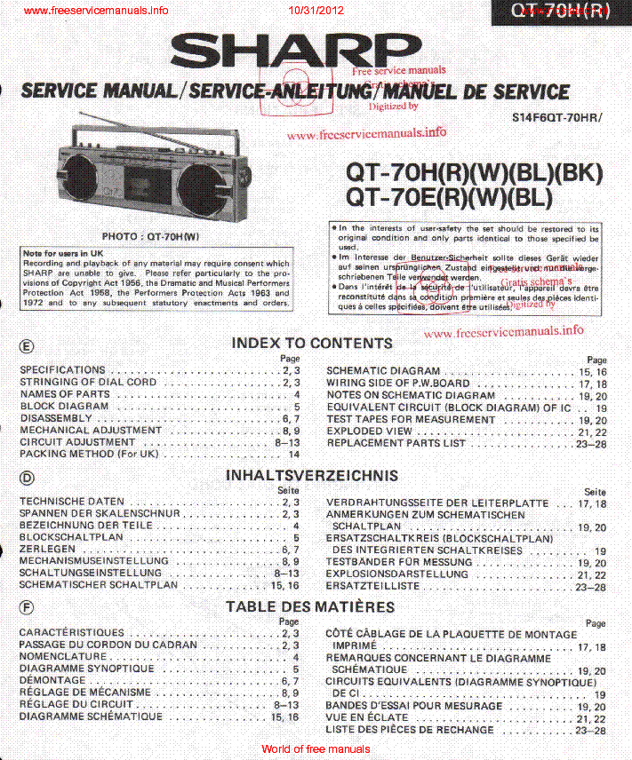 SHARP QT70 service manual (1st page)