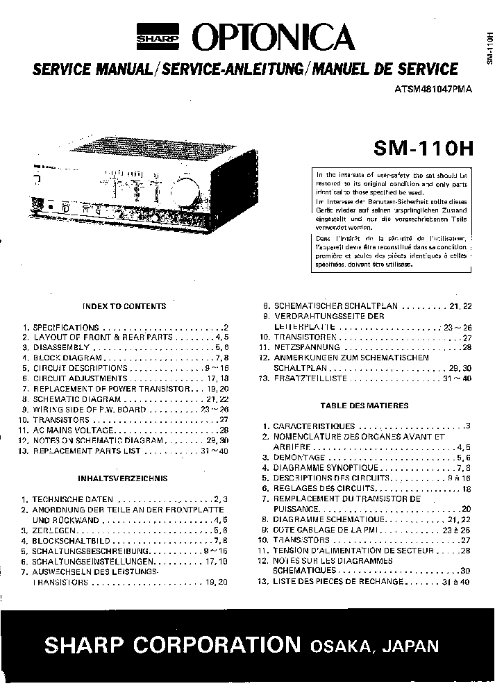 SHARP SM-110H service manual (1st page)
