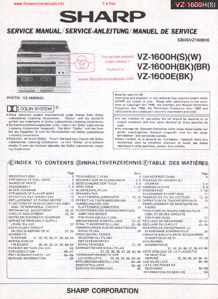 SHARP VZ-1600H VZ-1600E service manual (1st page)