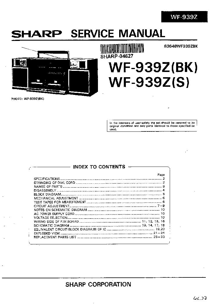 SHARP WF939Z SM GB service manual (1st page)