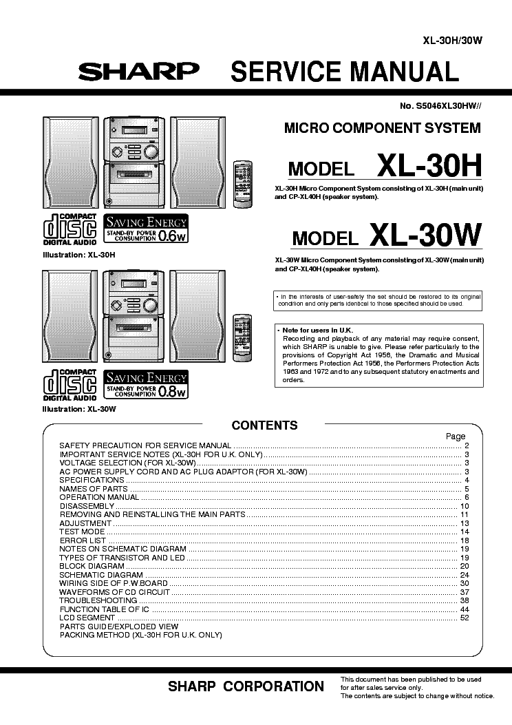 SHARP XL-30H,30W service manual
