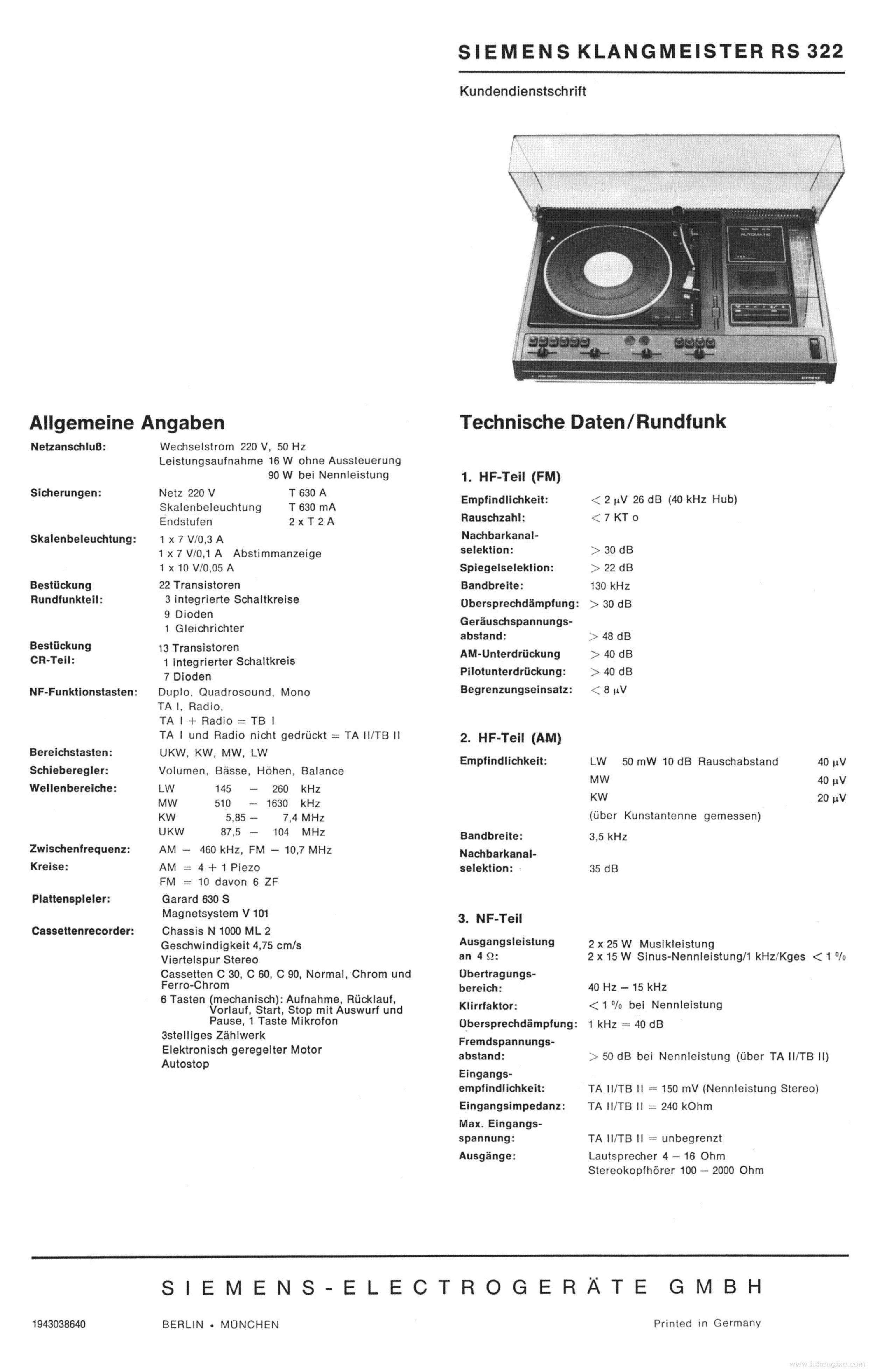 SIEMENS KLANGMEISTER RS322 SM DE service manual