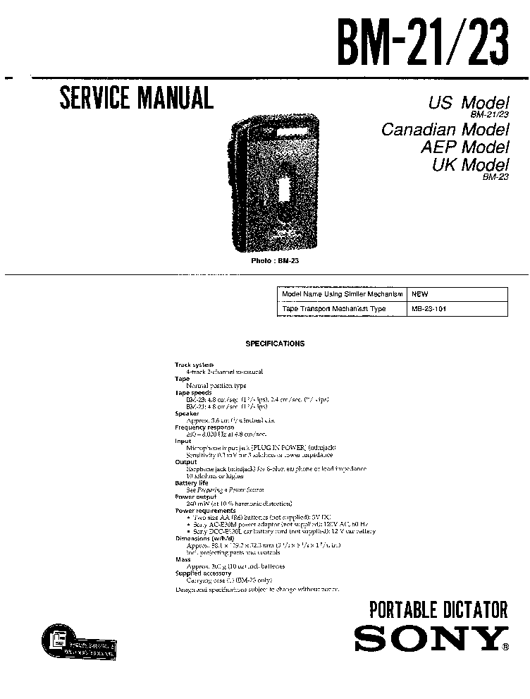 SONY BM-21 BM-23 service manual (1st page)