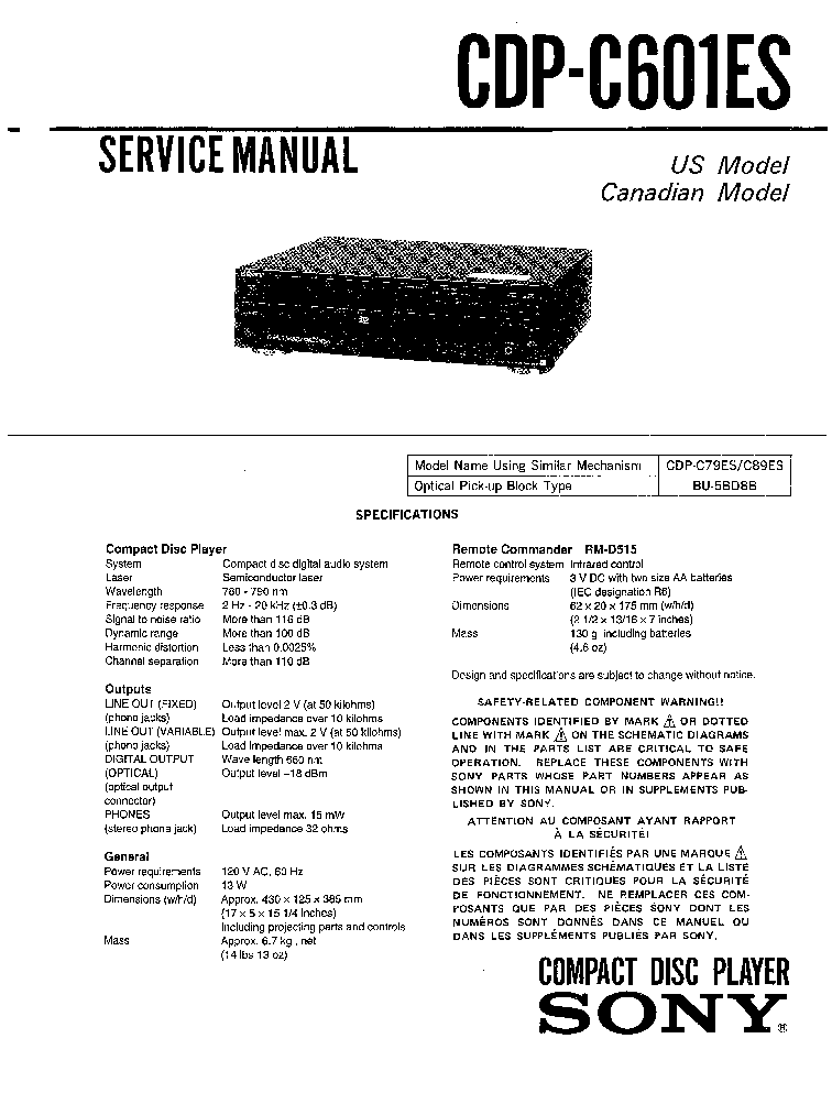 SONY CDP-C601ES service manual (1st page)