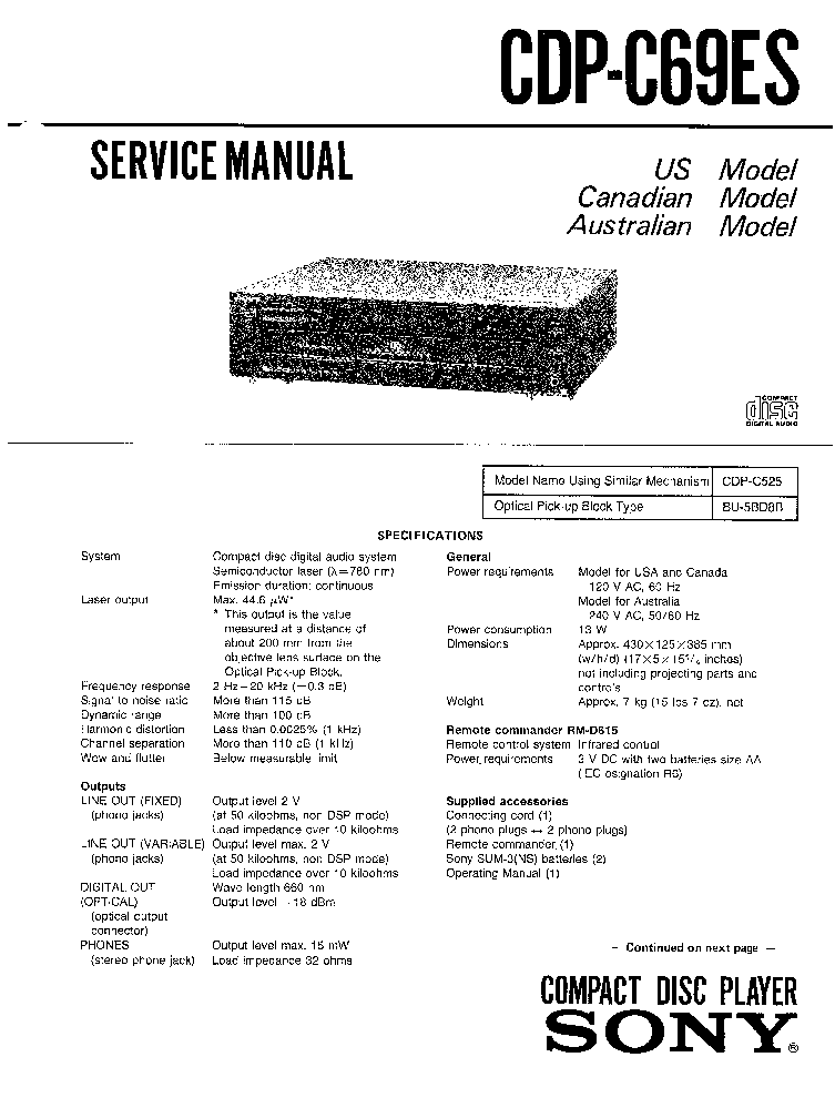 SONY CDP-C69ES service manual (1st page)