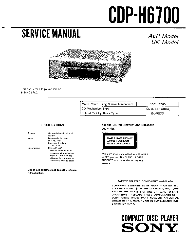 SONY CDP-H6700 service manual