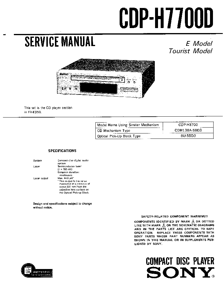 SONY CDP-H7700D service manual