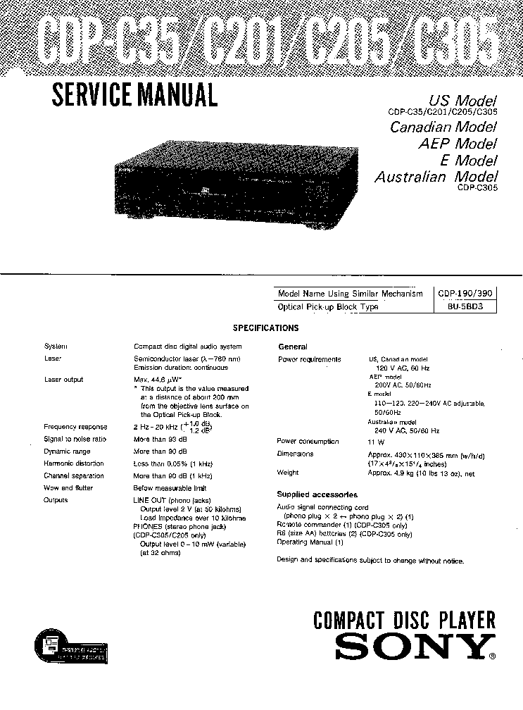 SONY CDPC305 service manual (1st page)