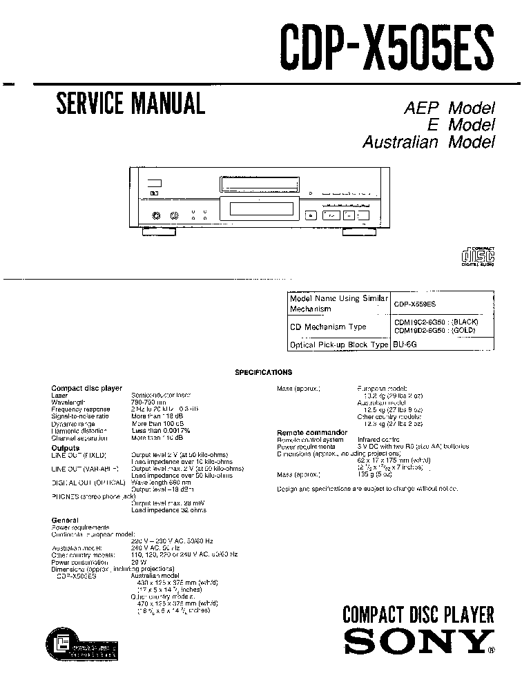 SONY CDPX505ES SM service manual (1st page)