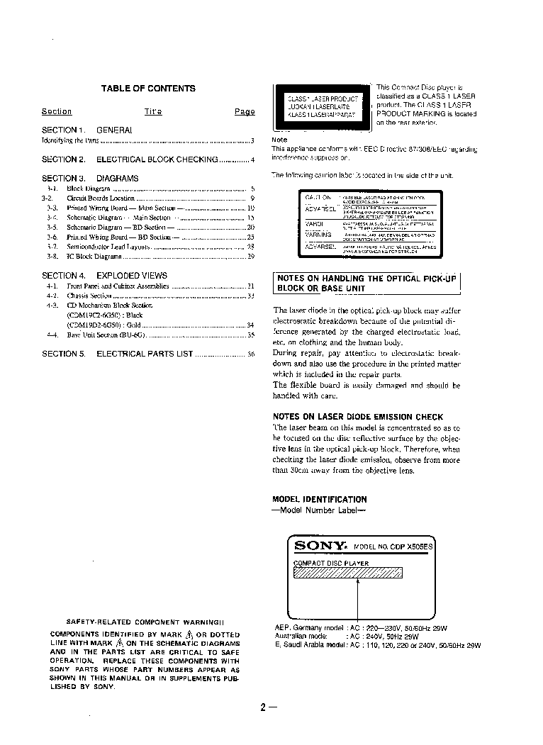 SONY CDPX505ES SM service manual (2nd page)