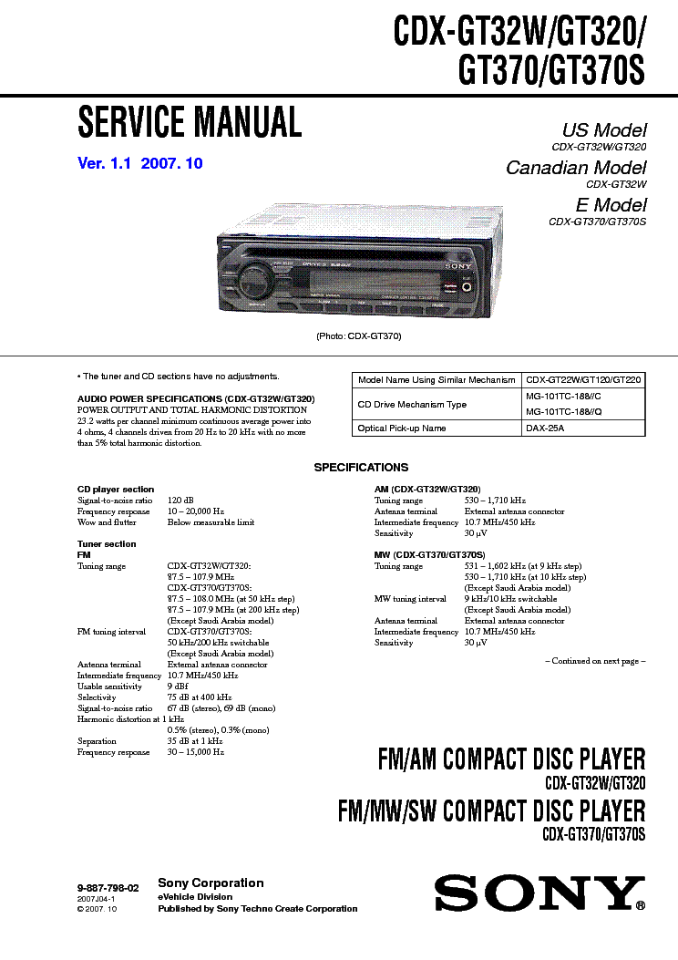 SONY CDX-GT320 GT32W GT370 GT370S service manual (1st page)