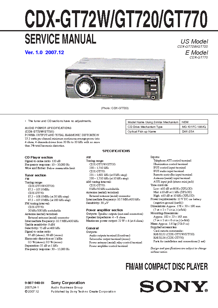 SONY CDX-GT72W GT720 GT770 service manual (1st page)