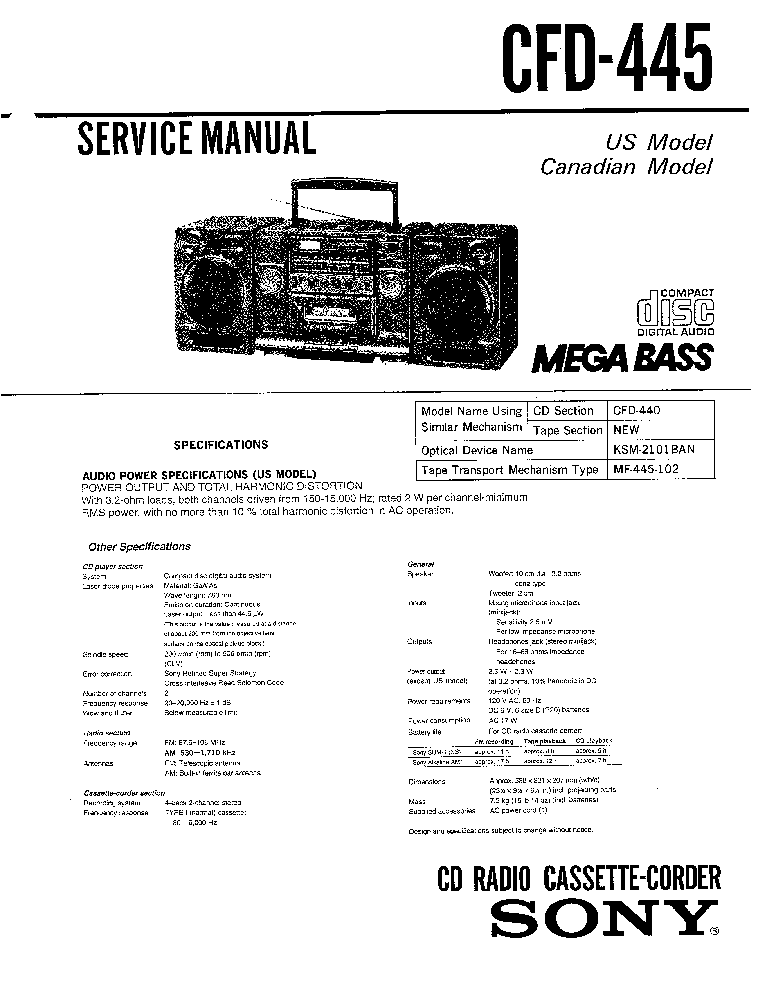 SONY CFD-445 SM service manual (1st page)